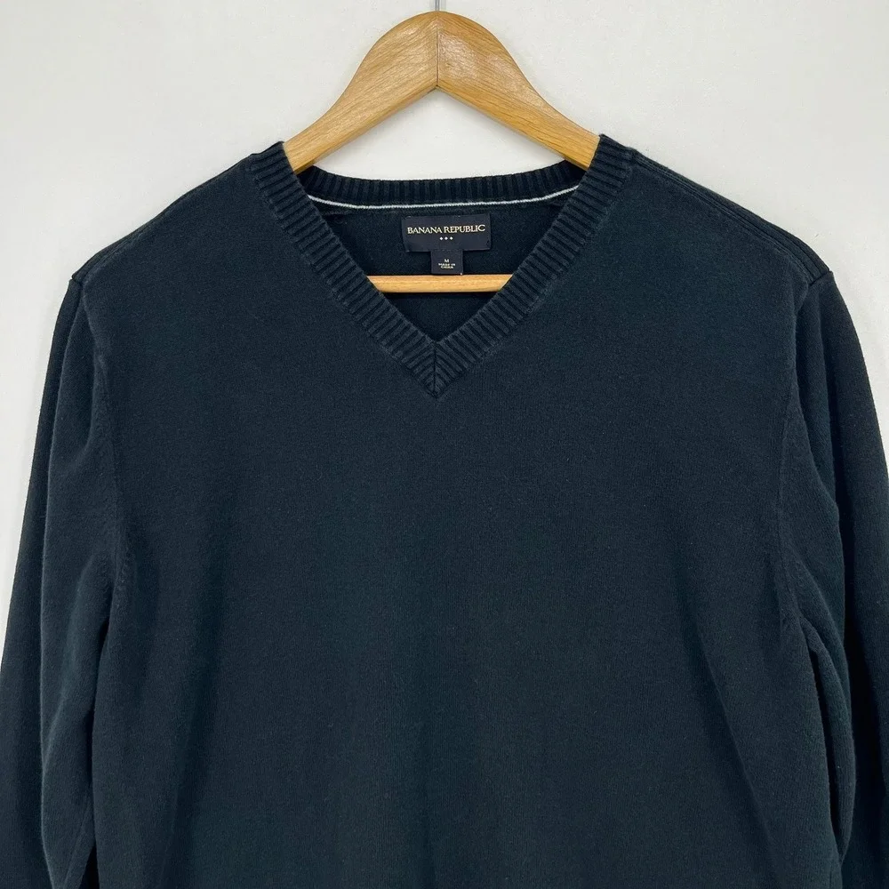 Banana Republic Mens V-Neck Sweater Navy Blue 100% Cotton Size M Retro 2012